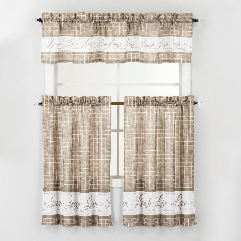 Decotex 3 Piece Live Love Laugh Gingham Check Plaid Kitchen Window Curtain Tiers and Valance Set (Taupe, 36" Tiers with 14" Valance) - Image 1